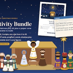 Pode incluir: Um conjunto de Natal imprimível com um kit de jogo, guiões, cartões de personagens e um conjunto de cones de papel para montar. Inclui um estábulo, onze figuras cónicas e uma página de guião intitulada Gabriel com texto.