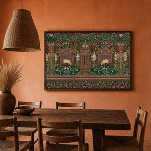 Quadro decorativo de vaca indiana para imprimir, estilo maximalista, arte folclórica, decoração com vaca sagrada, arte botânica colorida, decoração vintage inspirada na Índia. imagem 7