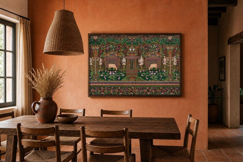 Quadro decorativo de vaca indiana para imprimir, estilo maximalista, arte folclórica, decoração com vaca sagrada, arte botânica colorida, decoração vintage inspirada na Índia. imagem 7