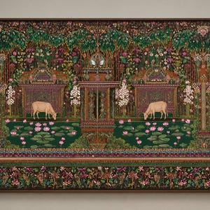 Quadro decorativo de vaca indiana para imprimir, estilo maximalista, arte folclórica, decoração com vaca sagrada, arte botânica colorida, decoração vintage inspirada na Índia. imagem 8