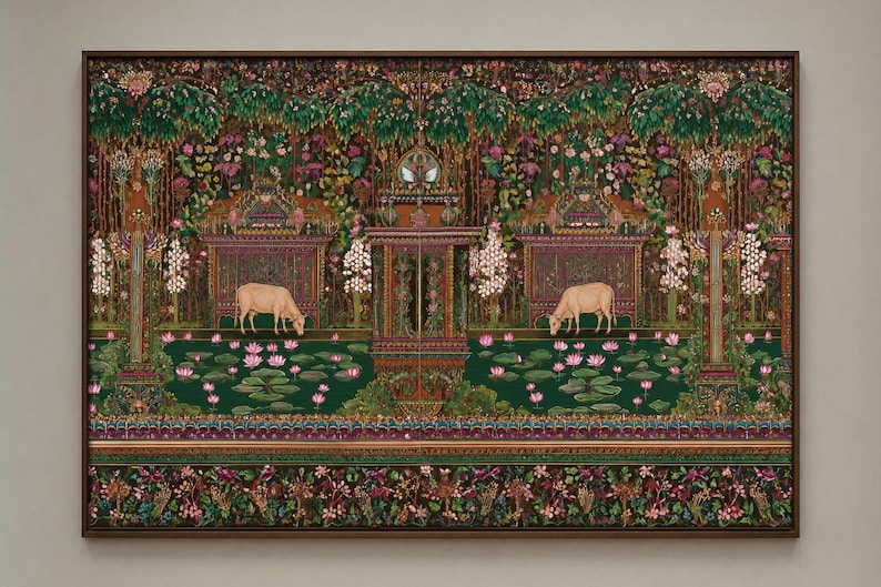 Quadro decorativo de vaca indiana para imprimir, estilo maximalista, arte folclórica, decoração com vaca sagrada, arte botânica colorida, decoração vintage inspirada na Índia. imagem 8
