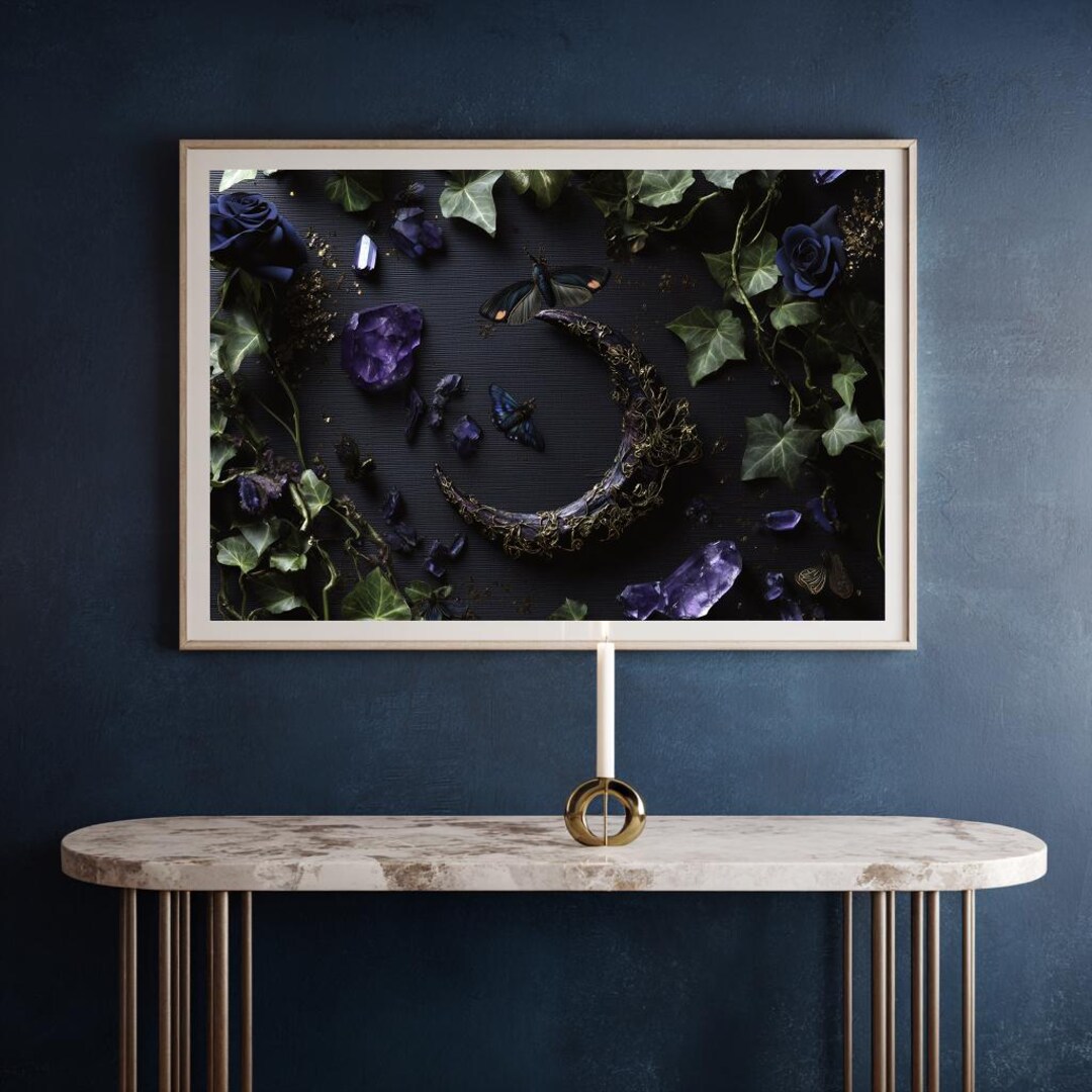 Dark Gothic Crescent Moon Still Life - Witchy Botanical Art, Decorative ...