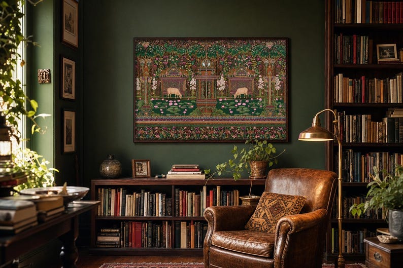 Quadro decorativo de vaca indiana para imprimir, estilo maximalista, arte folclórica, decoração com vaca sagrada, arte botânica colorida, decoração vintage inspirada na Índia. imagem 4