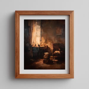 Moody Rustic Study Interior Painting - Antique Realist Art, Candlelit Desk Scene with Books, Classical Cozy Decor, Digital Printable