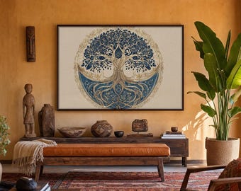 Impressão vintage da Árvore da Vida, arte botânica com nós celtas, ilustração folclórica simétrica, decoração rústica para imprimir em tons de azul suave.