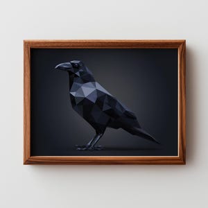 May include: A framed print featuring a geometric, low-poly design of a black raven. The artwork is set against a dark gray background, and the raven is rendered in shades of black and gray. The frame is made of wood.