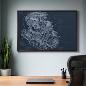 May include: A rectangular wall art print featuring a detailed white technical blueprint of a complex mechanical engine component set against a dark navy blue background, framed in a thin dark brown border and displayed horizontally.