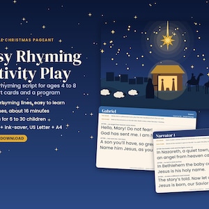 Può includere: Un copione stampabile per una recita di Natale intitolato Easy Rhyming Nativity Play, con uno sfondo blu scuro stellato, un'illustrazione della natività e due schede per Gabriel e Narratore 1 con testo in rima.