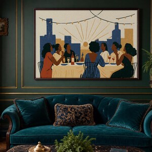May include: A framed wall art print depicting a group of seven individuals seated around a dining table at sunset. The illustration features a city skyline background, string lights, and a warm colour palette of deep blues, oranges, and creams.