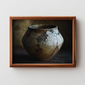 Printable Moody Ceramic Pot Still-Life - Rustic Vintage Wabi-Sabi Art, Earthy Neutral Decor, Textured Crackle Glaze Wall Art Download