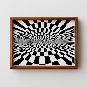 May include: A framed black and white optical illusion art print. The artwork features a checkerboard pattern that creates a three-dimensional effect, with a central vortex. The frame is made of wood.