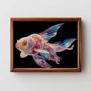 May include: A framed print featuring a translucent, iridescent goldfish against a black background. The fish has detailed fins and scales, with colors ranging from blue and purple to orange and red. The frame is made of wood.