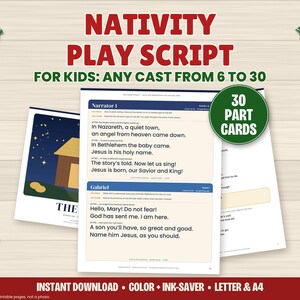 Scénario de crèche vivante pour enfants, programme de Noël à imprimer pour l'église ou l'école, distribution de 6 à 30 acteurs, fiches de rôles, théâtre d'ombres