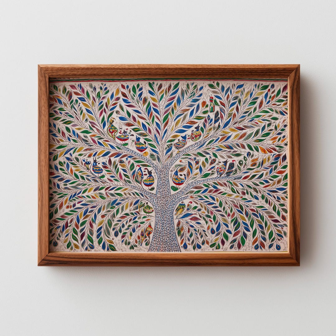 Printable Traditional Madhubani Tree of Life Art - Vibrant Folk Art ...