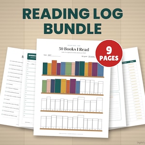 May include: A reading log bundle featuring 9 pages of printable templates. The main page displays a 50 Books I Read tracker with colorful book spine illustrations on shelves, a year field, and a goal section. Additional pages include checklists and rating logs.