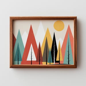 Mid-Century Modern Geometric Mountain Landscape - Minimalist Triangular Peaks, Retro Sun, Bold Color Palette, Printable Wall Art Decor