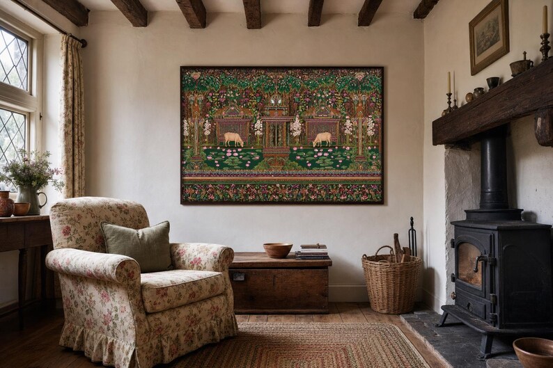 Quadro decorativo de vaca indiana para imprimir, estilo maximalista, arte folclórica, decoração com vaca sagrada, arte botânica colorida, decoração vintage inspirada na Índia. imagem 5