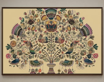 Arte para imprimir da Árvore da Vida, decoração rústica folclórica, pintura vintage Madhubani, arte de parede boho, simetria intrincada, download digital
