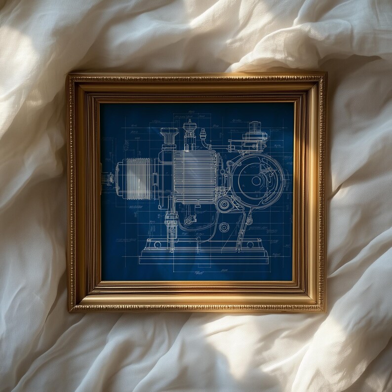 Industrial Motor Engine Blueprint Art - Detailed Mechanical Schematic ...
