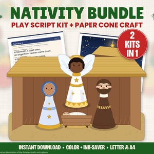 Nativity Bundle: Kids Christmas Play Script Kit plus Paper Cone Nativity Craft, Printable Church Christmas Program and Activity