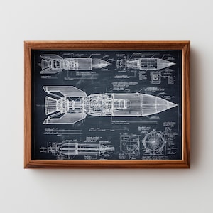Plano imprimible de cohete espacial retro - Dibujo esquemático técnico vintage, decoración industrial, arte minimalista de cohetes (descarga digital)