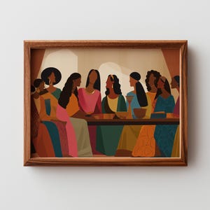 May include: A framed art print depicting a group of women seated at a table. The artwork features a warm color palette with shades of orange, pink, green, and blue. The women are dressed in various outfits, and the style is reminiscent of a painting.