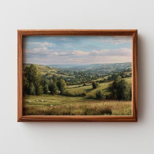 Paysage de campagne anglais imprimable - Art rustique de la ferme pastorale, champs en patchwork roulant, décoration Cottagecore, téléchargement numérique immédiat