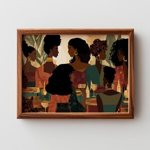 May include: A framed art print featuring a gathering of women in a restaurant setting. The artwork depicts several women with dark skin, wearing elegant attire and gold jewelry, enjoying drinks. The color palette includes warm tones of orange, green, and brown.
