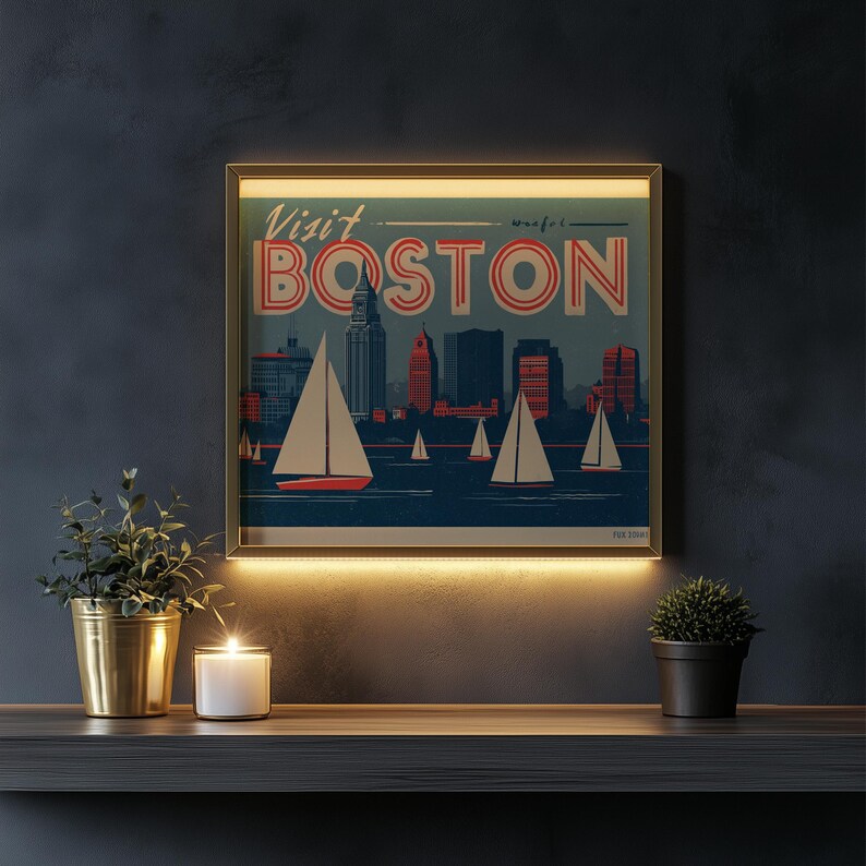 Boston Skyline Retro Travel Poster - Mid-century Nautical Wall Art ...