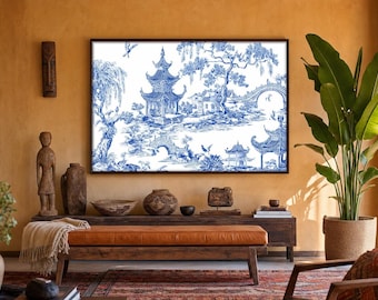 Paisagem clássica de pagode em estilo Chinoiserie azul e branco - Arte vintage com salgueiros, decoração tradicional elegante, arte para impressão e download instantâneo.