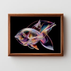 Modern abstrakt fisk utskrivbar väggkonst - futuristisk glasliknande form, minimalistisk stämningsfull dekor, digital nedladdning, skimrande konstdesign