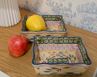 Vintage Ceramic Baking Dishes, Rectangular Oven Dish, Hand-painted Oven to Table Bakeware