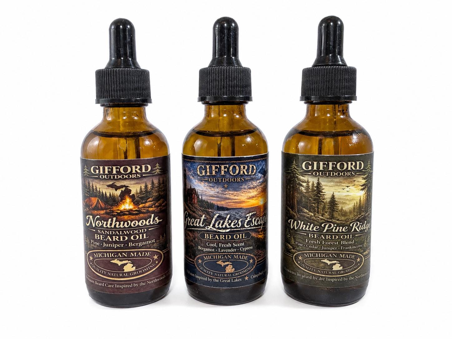 Gifford Outdoors Beard Oil Michigan Inspired Scents, Sandalwood, Pine, Lakes