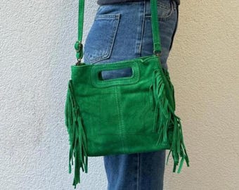 Bolso de ante verde lima con borla, bandolera y bolso de hombro estilo bohemio, con correa ajustable y desmontable, bolso para el día a día.