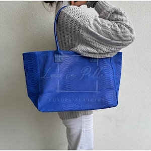 Royal Blue Italian Suede Snake Print Shopper Tote, 2-Way Leather Handbag