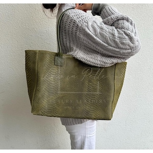 Olive Italian Suede Snake Print Shopper Tote, 2-Way Leather Handbag
