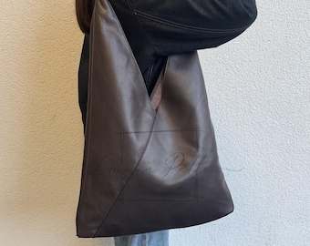 Chocolate Italian Grain Leather Hobo Bag, Minimalist Shoulder Tote Bag, Stylish Casual Handbag