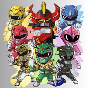 Puede incluir: Ilustración de dibujos animados de los Power Rangers. La imagen presenta a los Rangers rojo, amarillo, azul, rosa, verde y negro, además de una gran cabeza de robot roja y negra. Los personajes están sobre un fondo colorido.