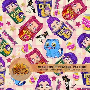 May include: Seamless repeating pattern featuring cartoon characters, soda cans, and a blue cat. The design includes text such as "Zoey", "Mira", and "Rumi", along with star and glitter accents. The overall color scheme is a mix of pink, purple, and yellow.