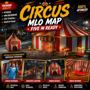 May include: A digital circus MLO map for FiveM featuring a large red and white striped tent, a smaller entrance tent, popcorn carts, and metal crowd control barriers. The display includes text labels for circus entrance, location, and interior.