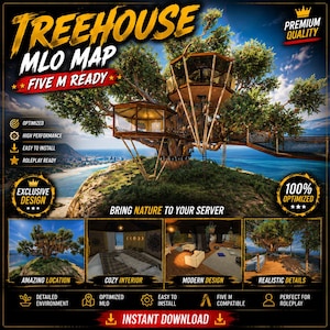 May include: A digital treehouse MLO map for FiveM featuring a multi-level wooden structure built into a large tree on a coastal cliff. The graphic includes text overlays like TREEHOUSE MLO MAP, FIVE M READY, and various feature labels.