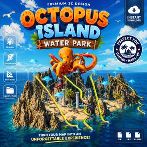 Puede incluir: Un diseño digital 3D de Octopus Island Water Park con un gran pulpo naranja sobre un terreno rocoso rodeado de agua azul. La escena incluye toboganes amarillos, estructuras azules con forma de medusa y superposiciones de texto.