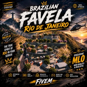 May include: A digital map for FiveM featuring a Brazilian favela in Rio de Janeiro. The image displays a hillside settlement with buildings, trees, and a police helicopter. Text includes 'BRAZILIAN FAVELA RIO DE JANEIRO', 'EXCLUSIVE FIVEM MAP', and '100% OPTIMIZED'.