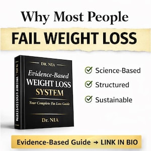 May include: An image promoting a weight loss system. The image features a black book titled "Evidence-Based WEIGHT LOSS SYSTEM" with the author's name, Dr. Nia. The text "Why Most People FAIL WEIGHT LOSS" is at the top. Additional text includes "Science-Based, Structured, Sustainable."