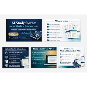 Sistema de estudio con IA para estudiantes de medicina / Guía de estudio USMLE PLAB OSCE / Más de 100 preguntas con IA / Plantillas de razonamiento clínico / PDF de preparación para exámenes