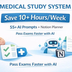 Puede incluir: Ilustración para un sistema de estudio médico. La imagen incluye un cerebro, un robot y un símbolo médico. El texto dice "MEDICAL STUDY SYSTEM", "Save 10+ Hours/Week" y "Pass Exams Faster with AI".