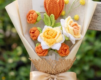 Crochet Flower Bouquet, Forever Flowers Never Wilt, Handmade Mixed Rose Daisy Tulip Gift for Her Mom, Birthday Anniversary Home Decor