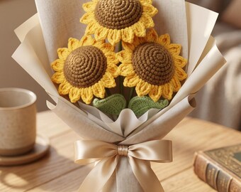 Crochet Sunflower Bouquet, Forever Flowers That Never Wilt, Handmade Knit Gift for Her Mom, Birthday Mothers Day Home Decor, Made to Order