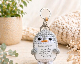 Positive Penguin Keychain, Crochet Penguin with Affirmation Card, Encouragement Gift, Cute Bag Charm, Mental Health Gift, Just Because