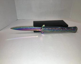 9" Stiletto Style Spring Assisted Folding Pocket Knife - Rainbow Rose Titanium